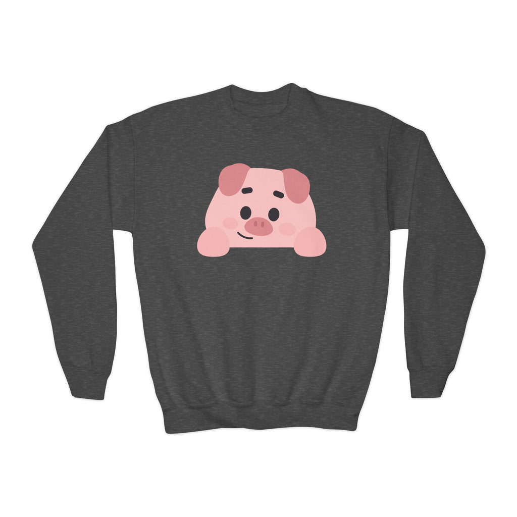Dark gray sweatshirt with a pink pig graphic on a white background