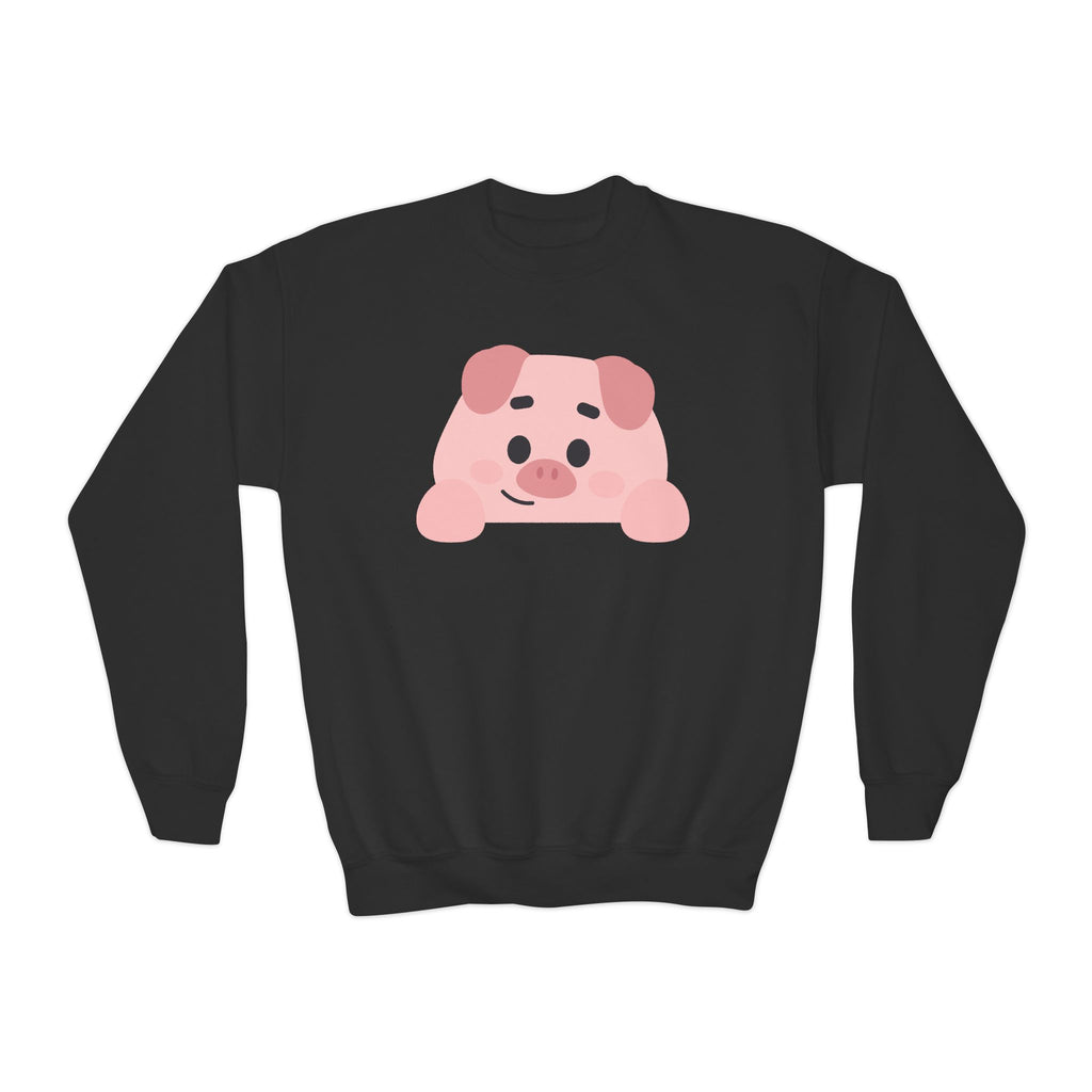 Black sweatshirt with a pink cartoon pig design on a white background