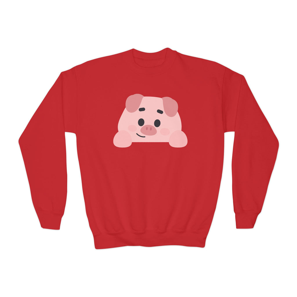 Red sweatshirt with a cartoon pig design on the back against a white background