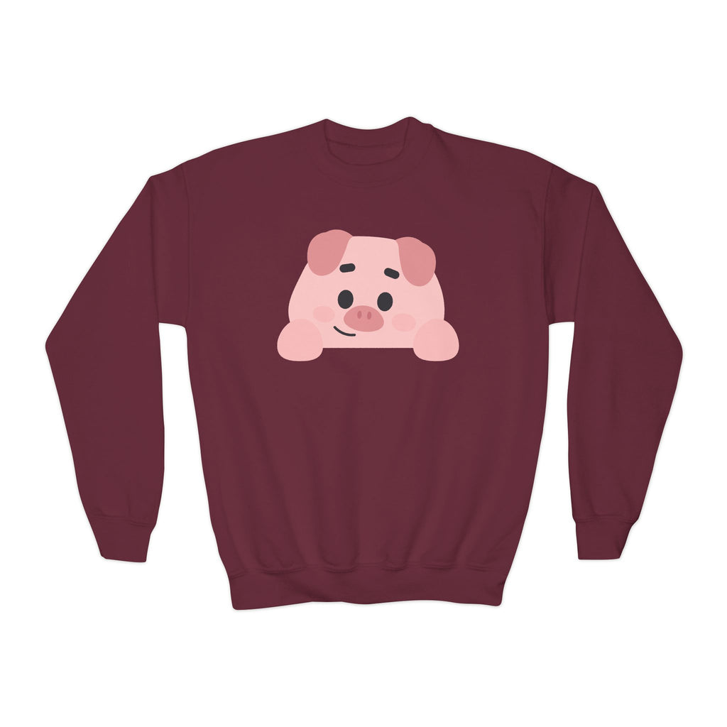 Maroon sweatshirt with a pink cartoon pig design on a white background