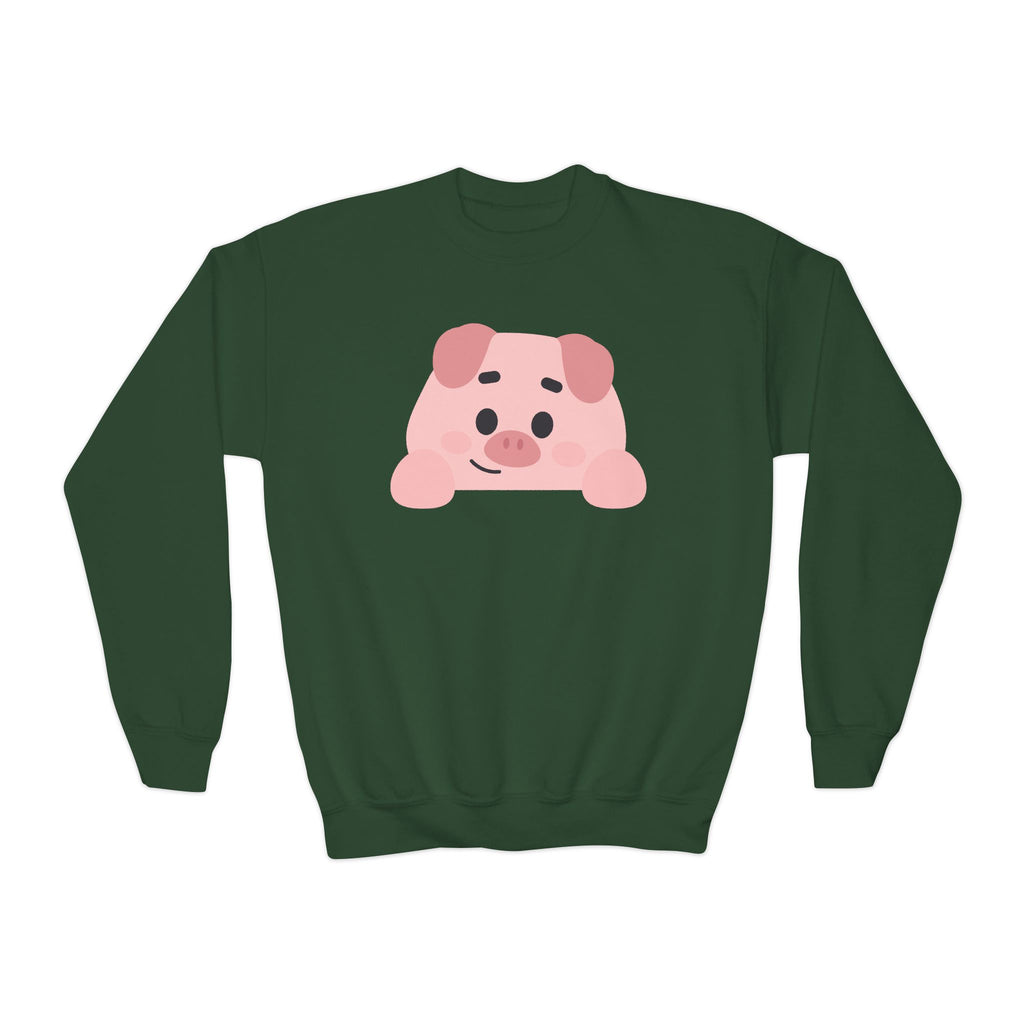 Green sweatshirt with a pink pig graphic on a white background