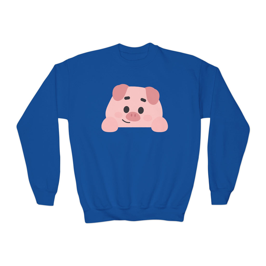 Blue sweatshirt with a pink pig design on a white background