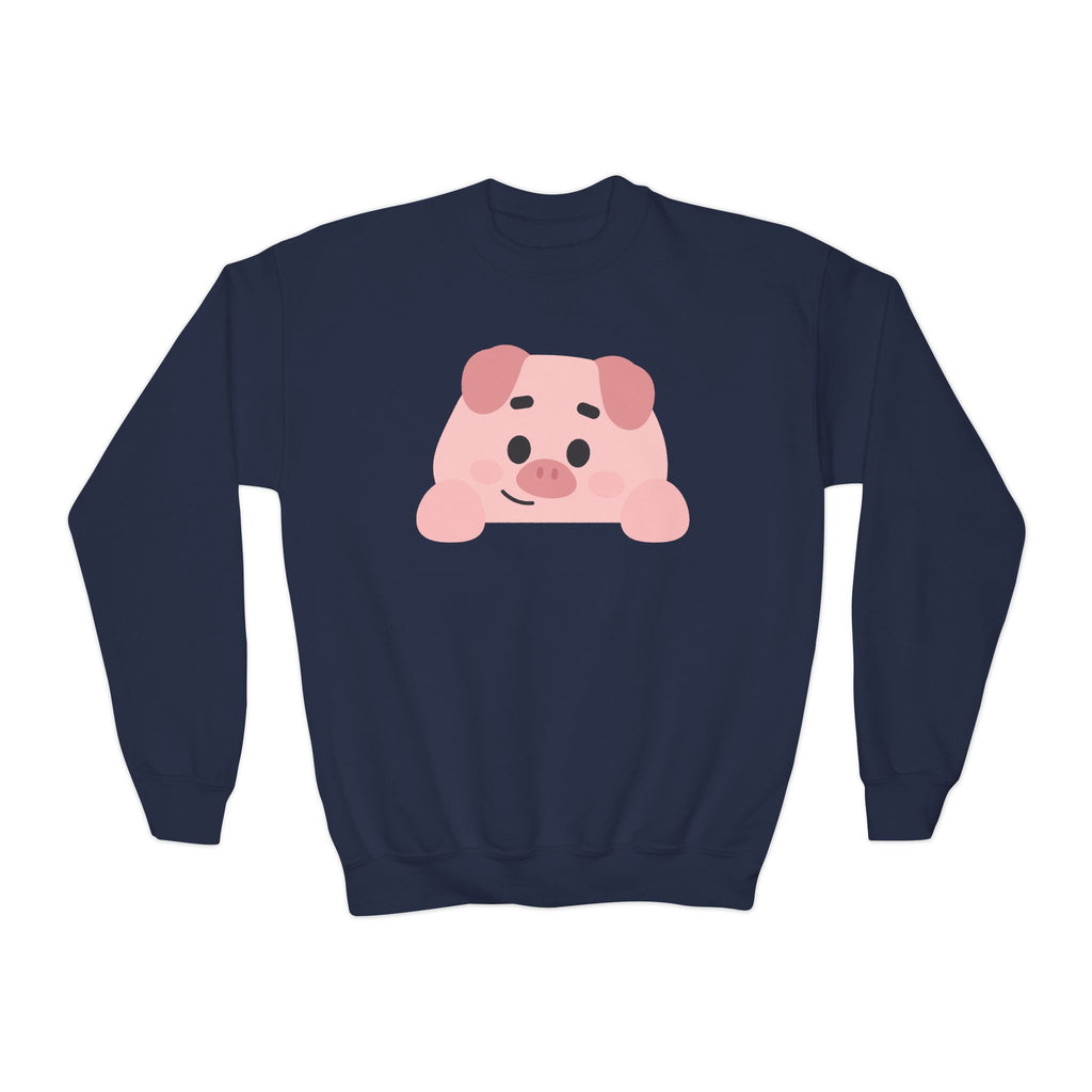 Navy blue sweatshirt with a pink pig graphic on a white background