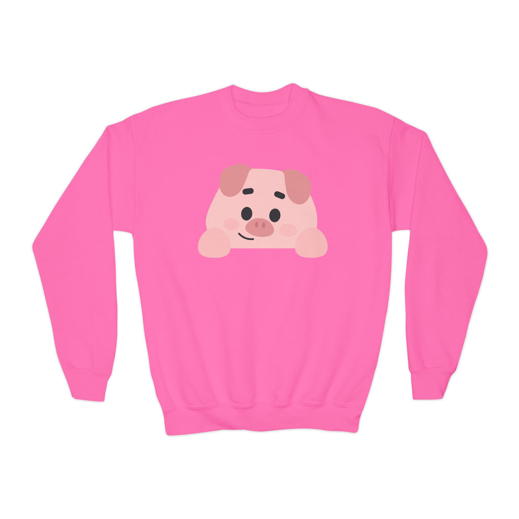 Pink sweatshirt with a cartoon pig face on a white background