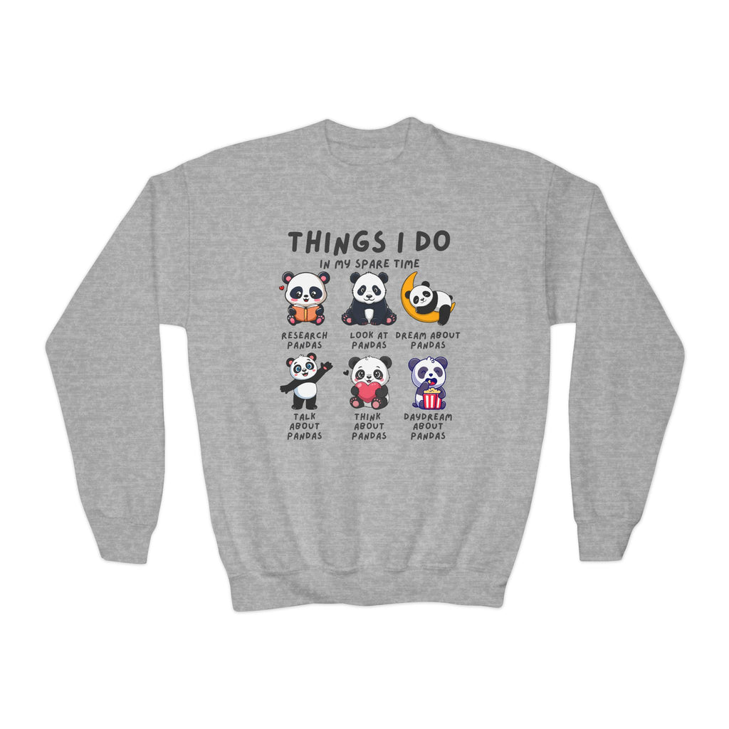 Gray sweatshirt with panda illustrations and text on a white background