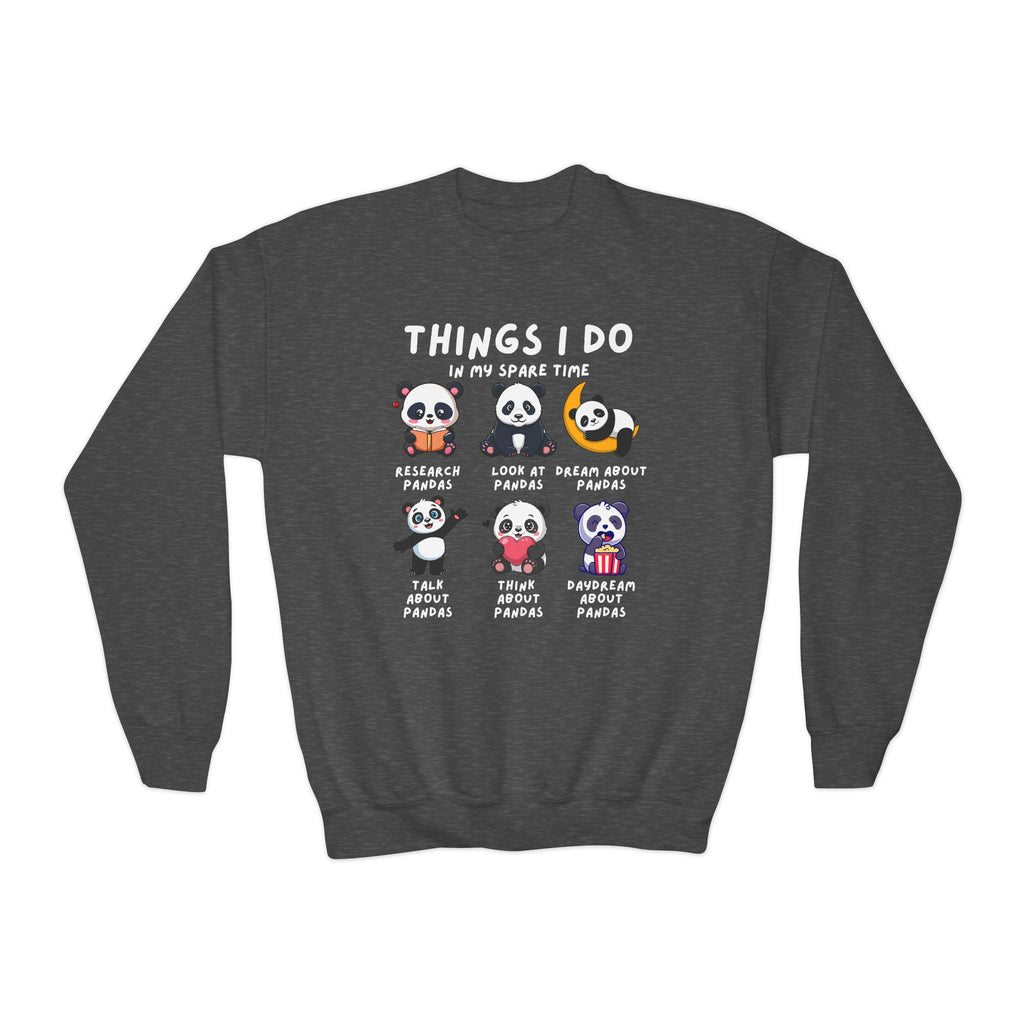 Dark gray sweatshirt with panda-themed graphics and text on a white background