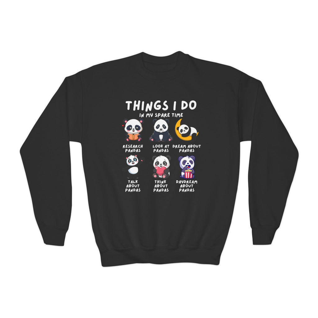 Black sweatshirt with panda illustrations and text on a white background