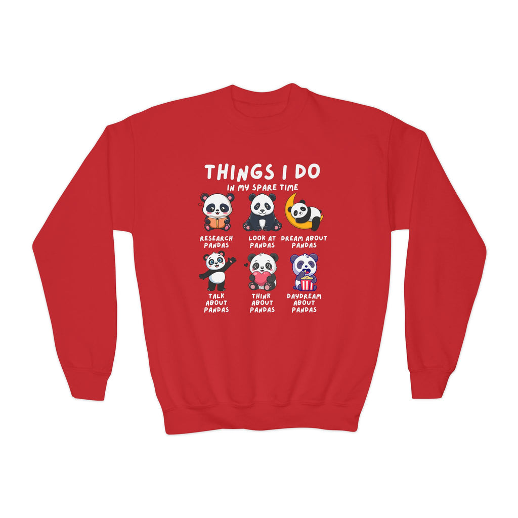 Red sweatshirt with panda illustrations and text on a white background
