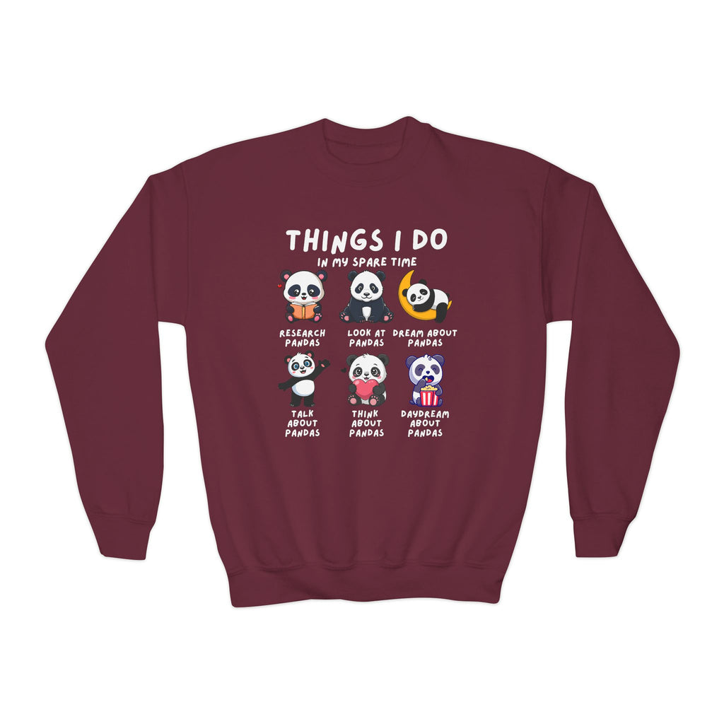 Maroon sweatshirt with panda illustrations and text on a white background
