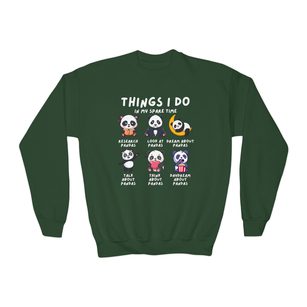 Green sweatshirt with panda-themed text and graphics on a white background