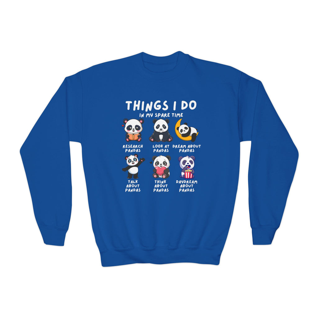 Blue sweatshirt with panda illustrations and text on a white background