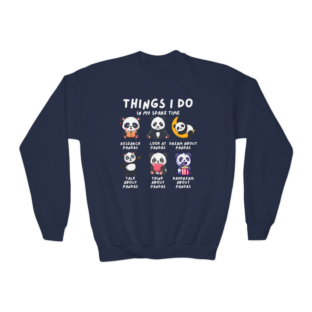Navy blue sweatshirt with panda illustrations and text on a white background