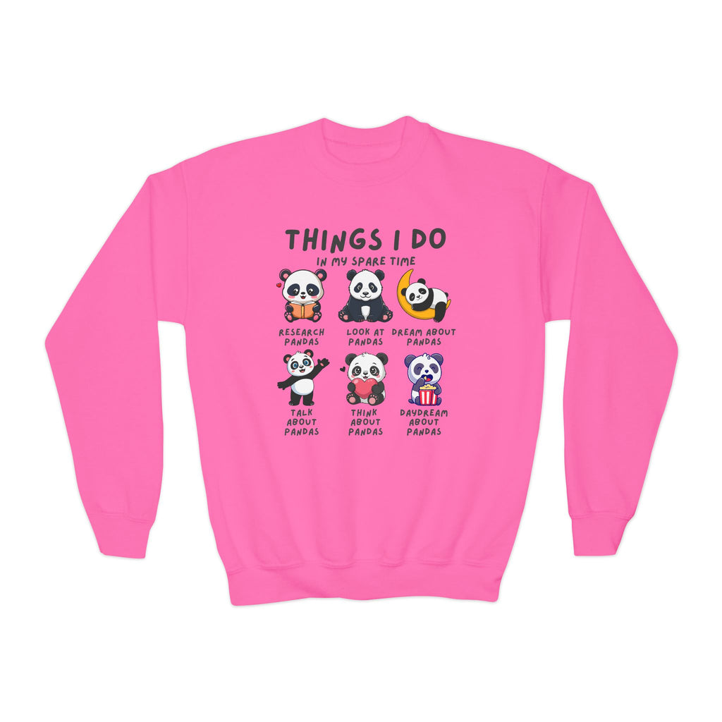 Pink sweatshirt with panda illustrations and text on a white background