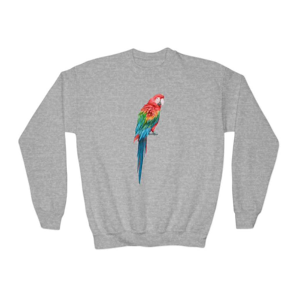 Gray heathered kids sweatshirt featuring a vibrant watercolor-style red and green macaw parrot graphic pullover