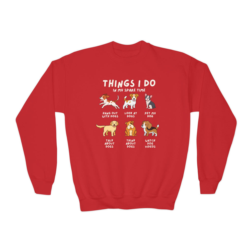 A child wearing a red sweatshirt with text and illustrations of dogs, indicating favorite activities 'Things I Do In My Spare Time'.