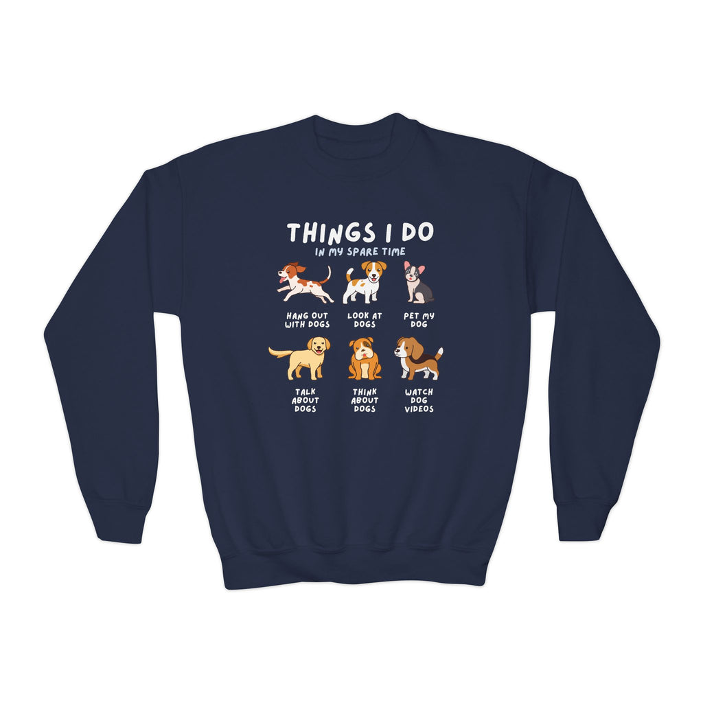 A child wearing a dark blue sweatshirt with text and illustrations of dogs, indicating favorite activities 'Things I Do In My Spare Time'.