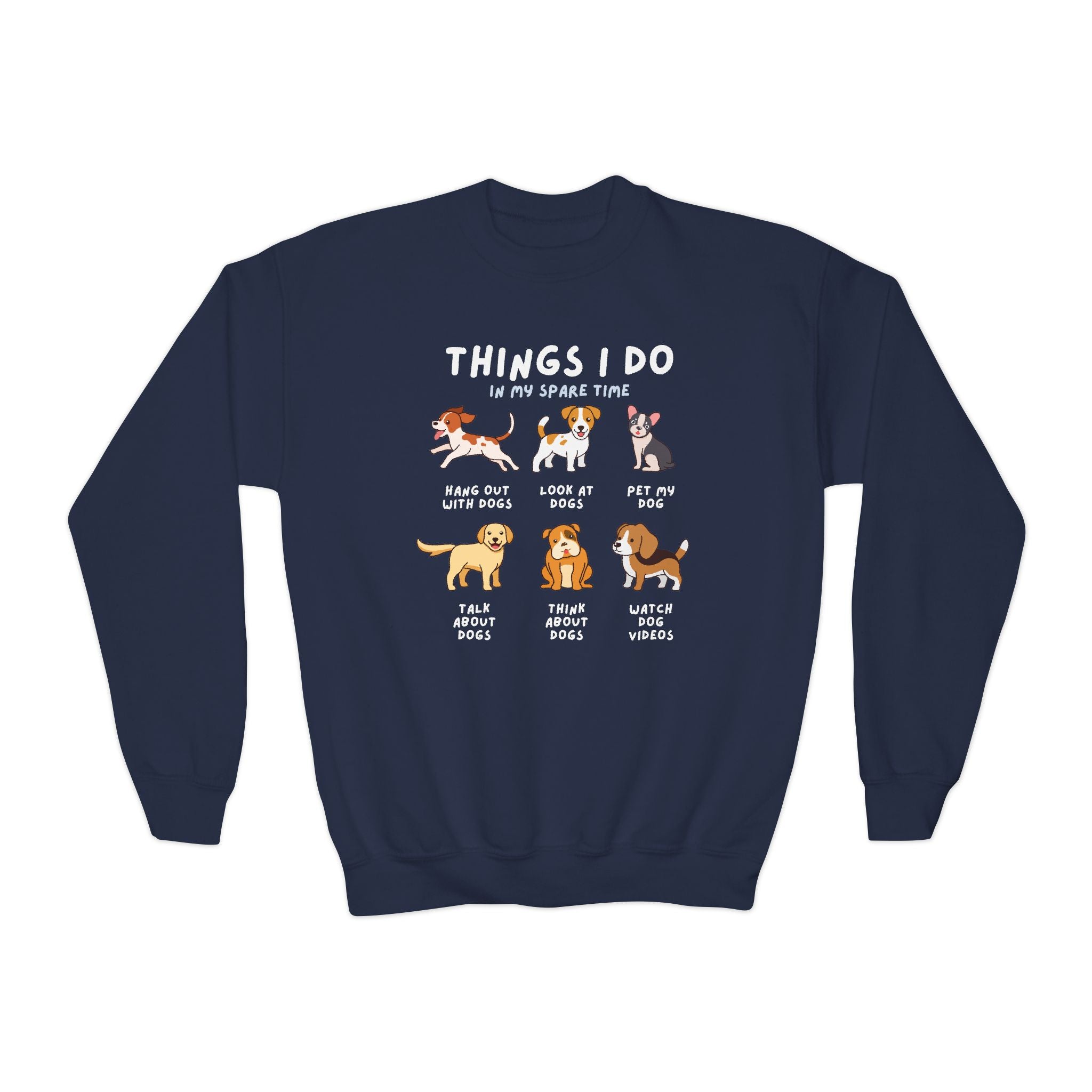 A child wearing a dark blue sweatshirt with text and illustrations of dogs, indicating favorite activities 'Things I Do In My Spare Time'.