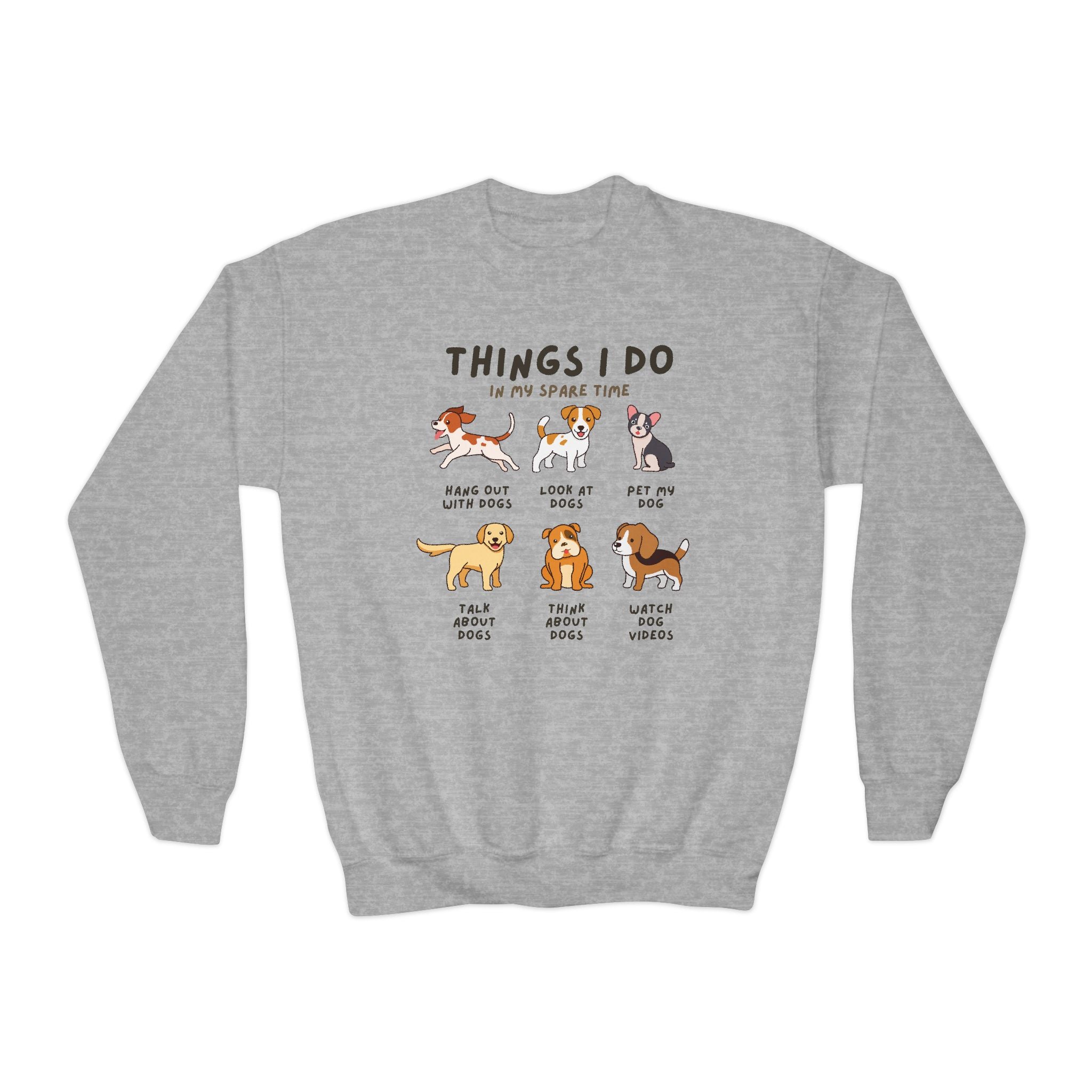 A child wearing a gray sweatshirt with text and illustrations of dogs, indicating favorite activities 'Things I Do In My Spare Time'.