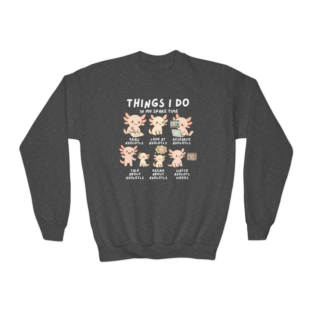Dark gray long-sleeved sweatshirt featuring playful cartoon axolotls drawing researching and watching videos design