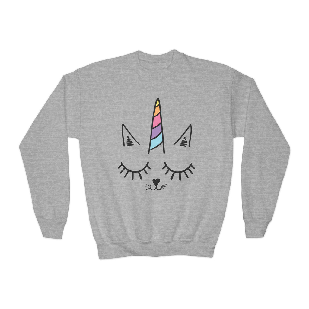 Girls caticorn sweatshirt in gray heathered fabric featuring a cartoon cat with closed eyes and a rainbow unicorn horn