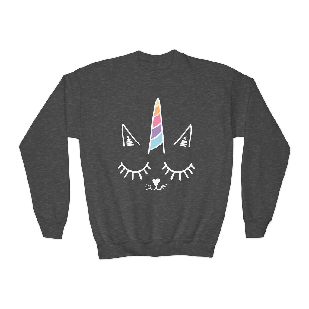 Dark gray girls caticorn sweatshirt with white cartoon cat face, closed eyes, long lashes, and rainbow unicorn horn