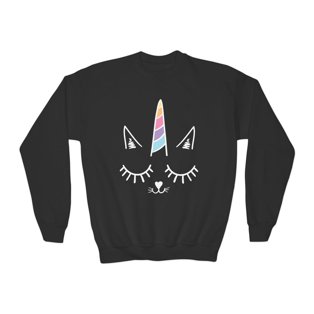 Black girls caticorn sweatshirt with white cartoon cat face, closed eyes, long lashes, and rainbow unicorn horn