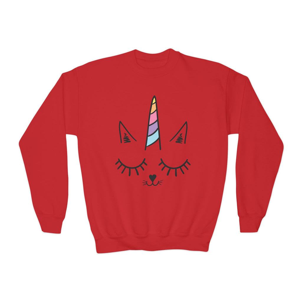 Red unisex sweatshirt featuring a colorful unicorn horn and cat face design for girls caticorn sweatshirt