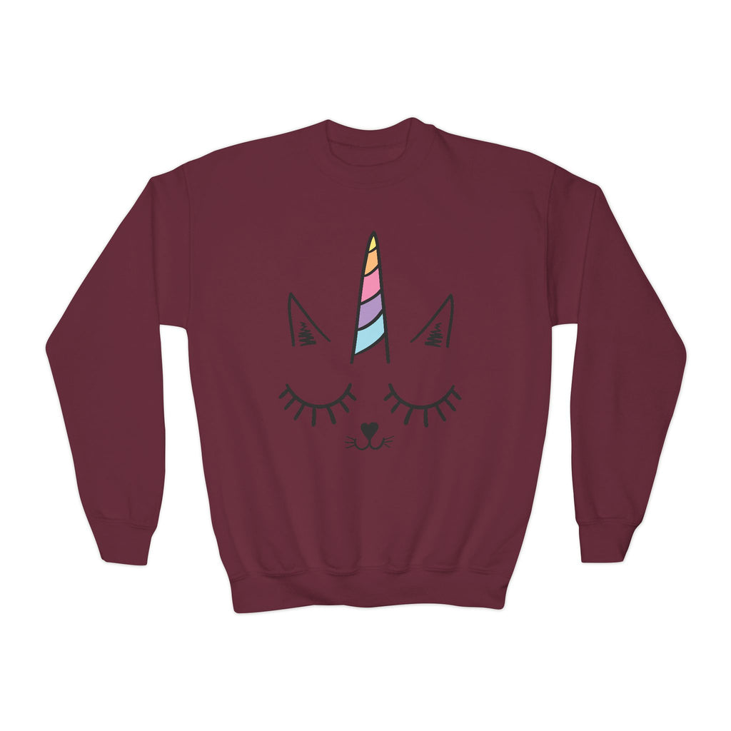Girls caticorn sweatshirt featuring a maroon unicorn cat face with a rainbow horn and black outlined details