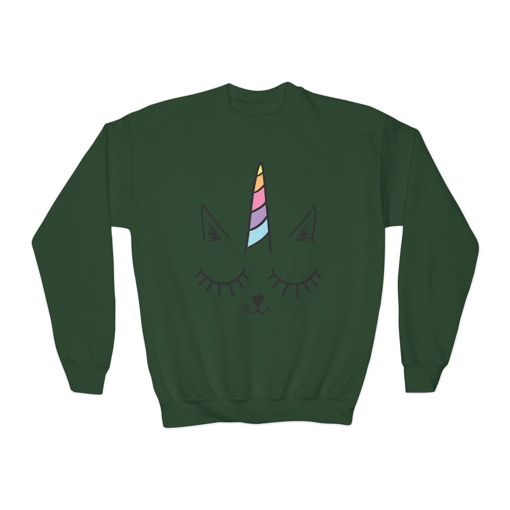 Dark green unisex sweatshirt with whimsical unicorn face featuring closed eyes lashes and rainbow striped horn