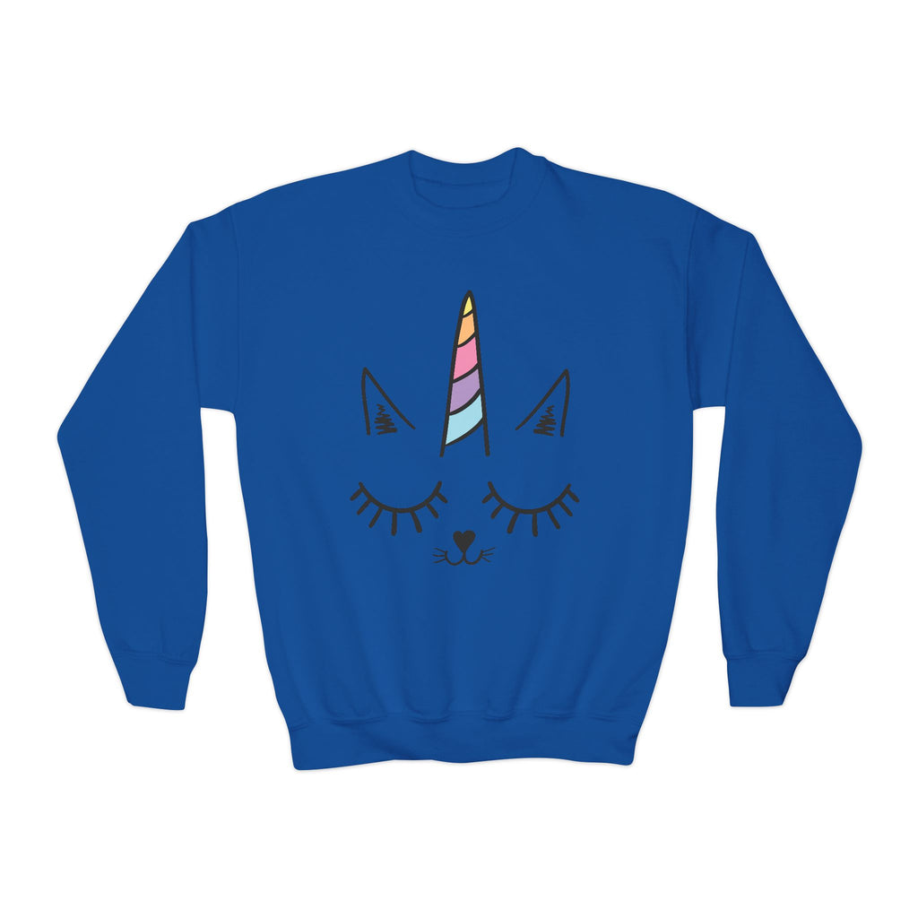 Girls caticorn sweatshirt royal blue long-sleeved with whimsical unicorn cat face and rainbow horn design