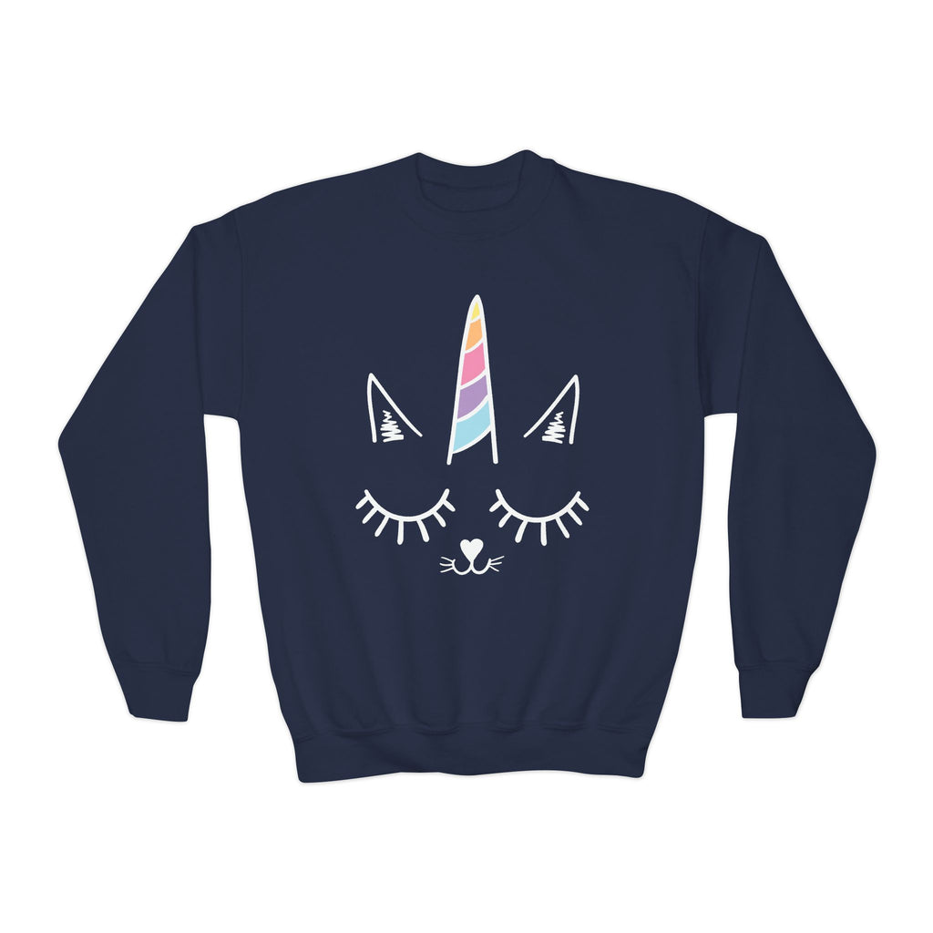 Navy blue girls caticorn sweatshirt with a white cartoon cat face, closed eyes, long lashes, and rainbow unicorn horn