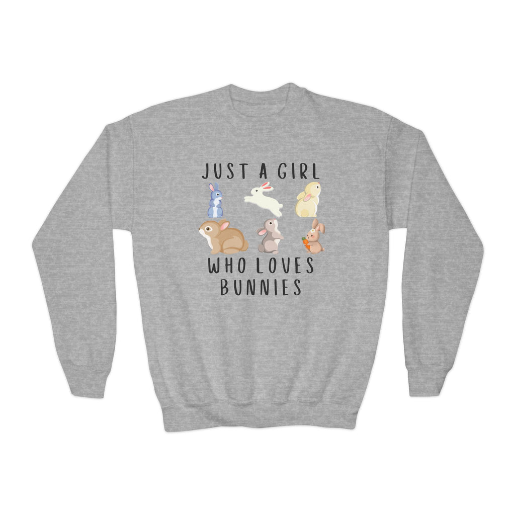 Gray heathered girls sweatshirt with playful colorful bunny graphic and just a girl who loves bunnies text design