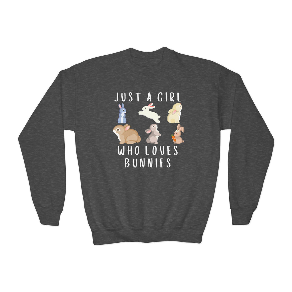 Dark gray crewneck sweatshirt with colorful cartoon bunnies and just a girl who loves bunnies text for girls