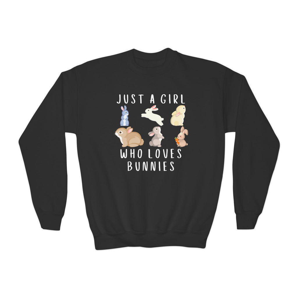 Black girls long-sleeved sweatshirt with colorful cartoon bunnies and just a girl who loves bunnies text design