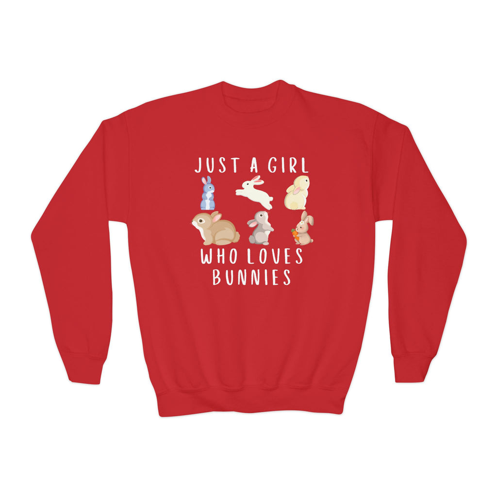 Girls red cotton sweatshirt with playful cartoon bunnies graphic and just a girl who loves bunnies text in white