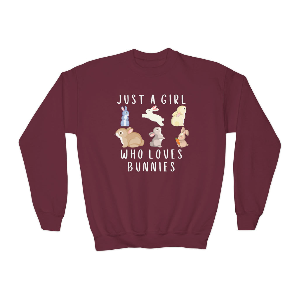 Maroon girls sweatshirt with white graphic text just a girl who loves bunnies and six colorful cartoon bunnies