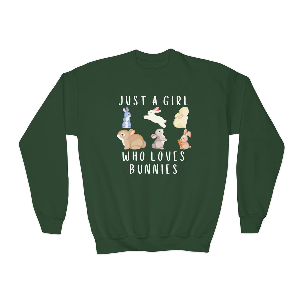 Dark green cotton girls sweatshirt with playful pastel bunnies and just a girl who loves bunnies text design