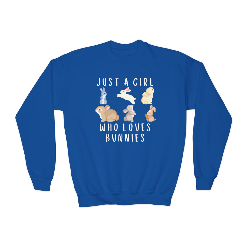 Royal blue cotton girls sweatshirt with playful graphic of six colorful bunnies and just a girl who loves bunnies text