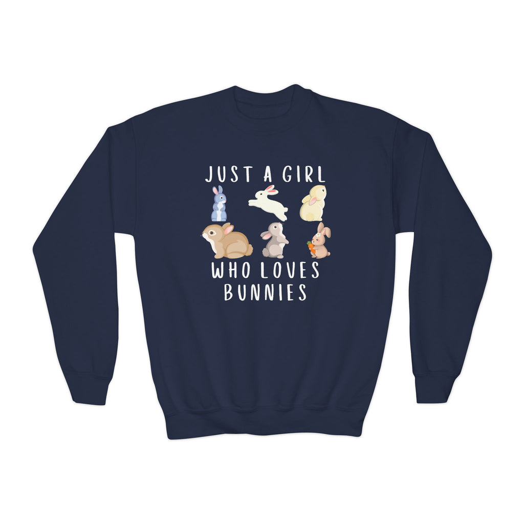 Navy blue girls sweatshirt featuring playful cartoon bunnies and white text just a girl who loves bunnies print