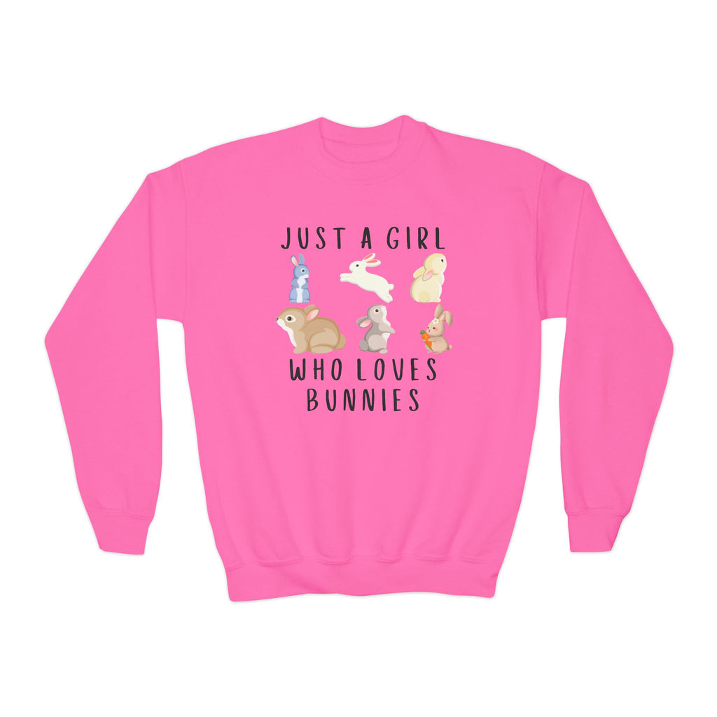 Girls vibrant pink long-sleeved sweatshirt with playful cartoon bunnies and just a girl who loves bunnies text