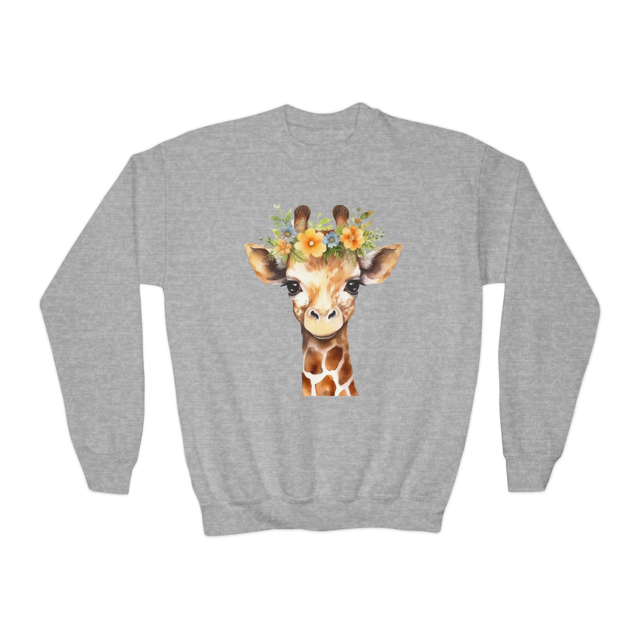 Kids giraffe sweatshirt in gray featuring a watercolor giraffe illustration with a floral crown on the front