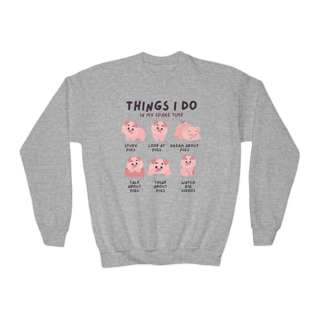 Gray kids sweatshirt with playful pink cartoon pigs and text things i do in my spare time cozy adorable fun design