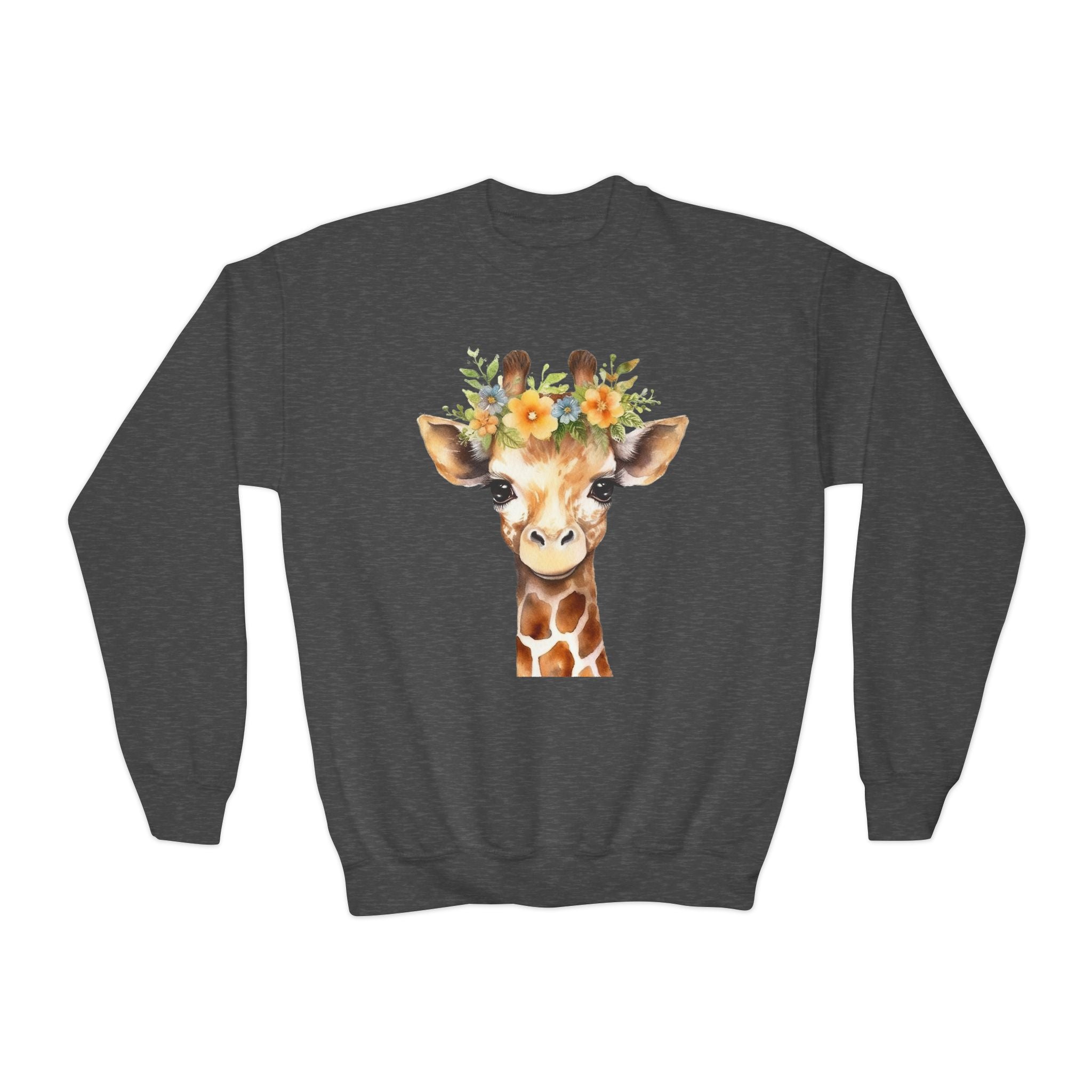Dark gray long-sleeved kids sweatshirt with a watercolor giraffe illustration wearing a floral crown