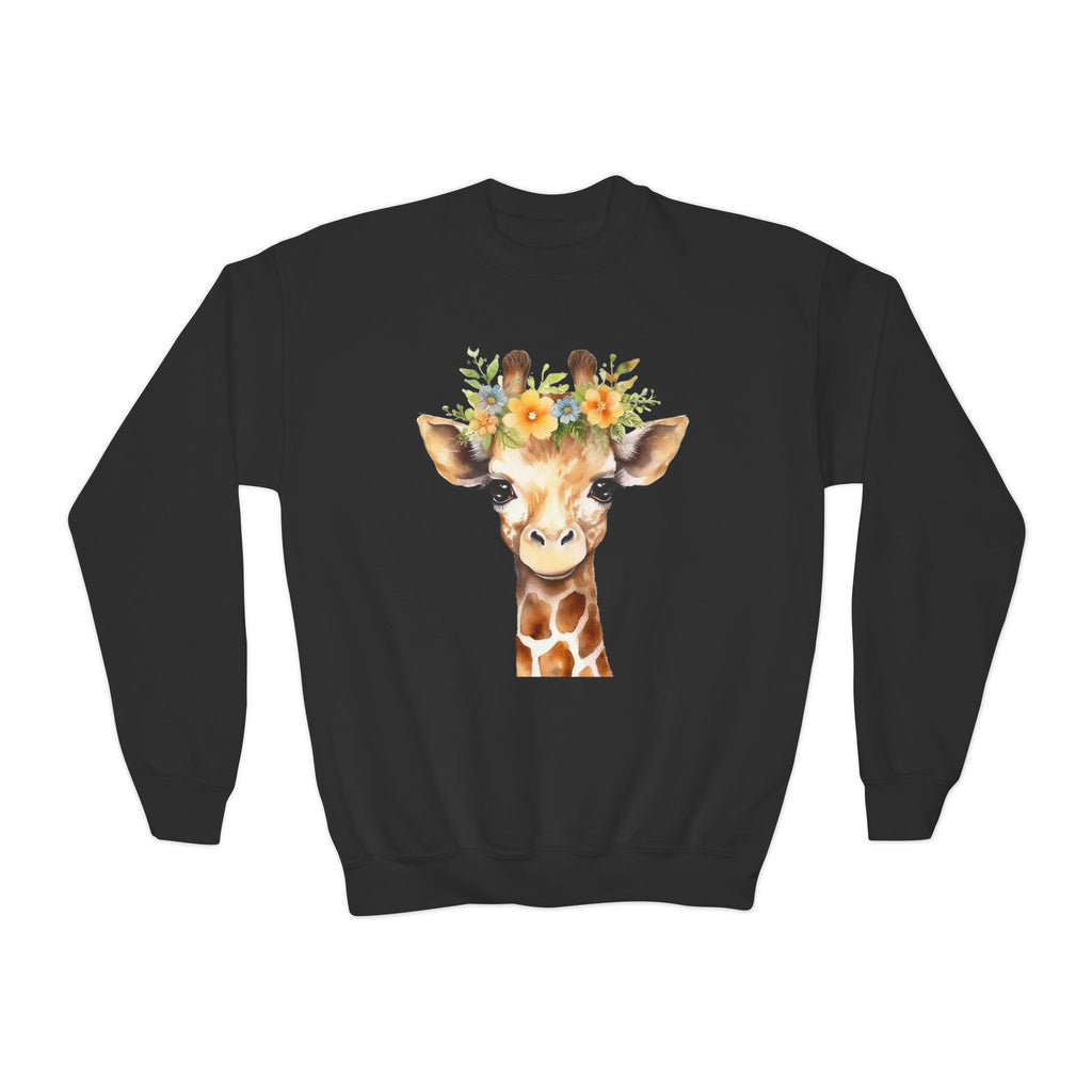 Kids giraffe sweatshirt black long-sleeved cotton with watercolor giraffe and floral crown illustration
