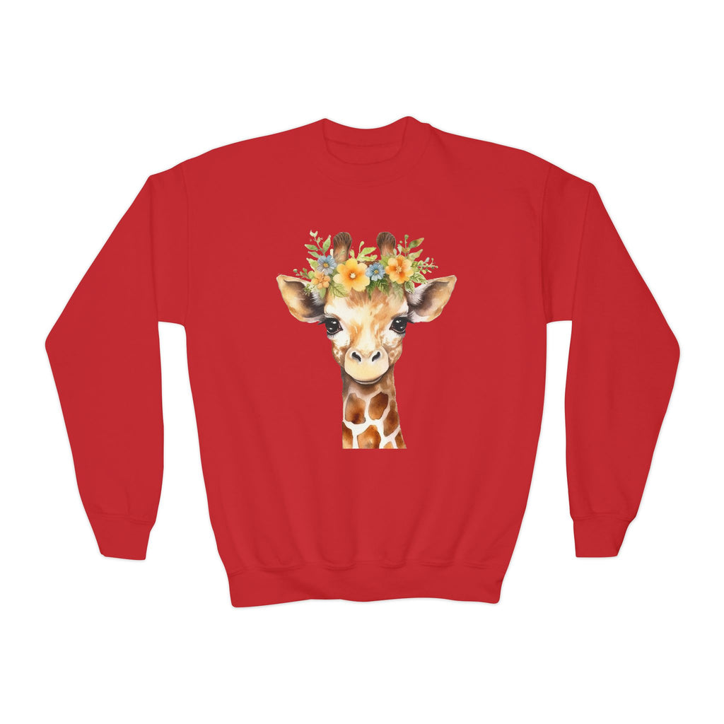 Red long-sleeved kids giraffe sweatshirt with a watercolor giraffe illustration and floral crown design