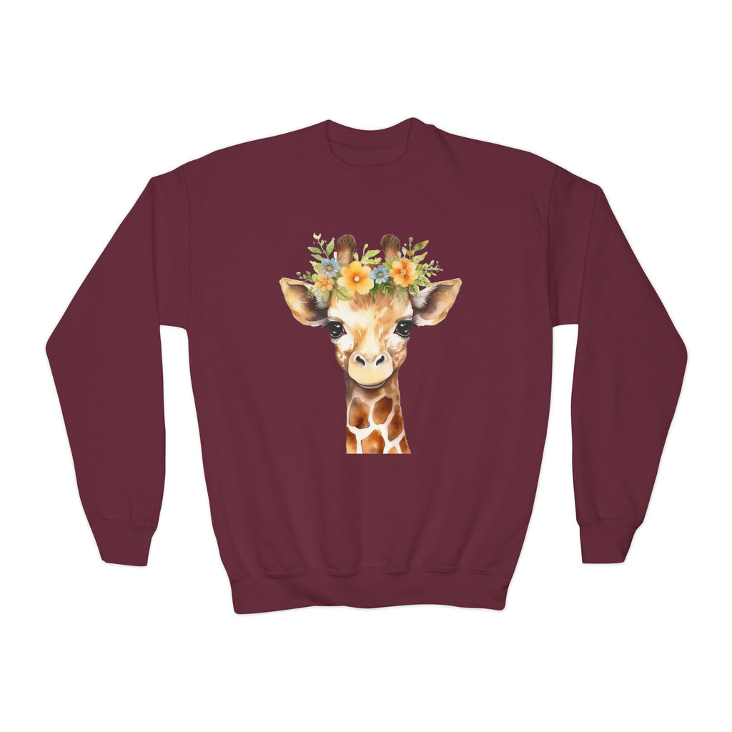 Kids giraffe sweatshirt maroon long-sleeved cotton featuring a watercolor giraffe with a floral crown illustration