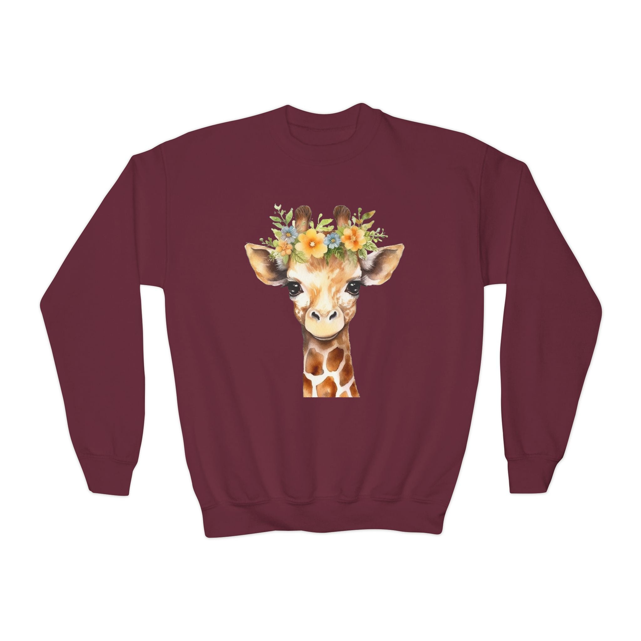 Kids giraffe sweatshirt maroon long-sleeved cotton featuring a watercolor giraffe with a floral crown illustration