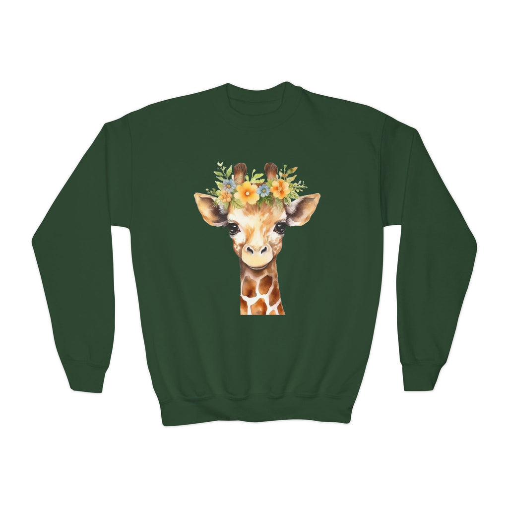 Dark green kids sweatshirt with long sleeves featuring a watercolor giraffe illustration wearing a floral crown