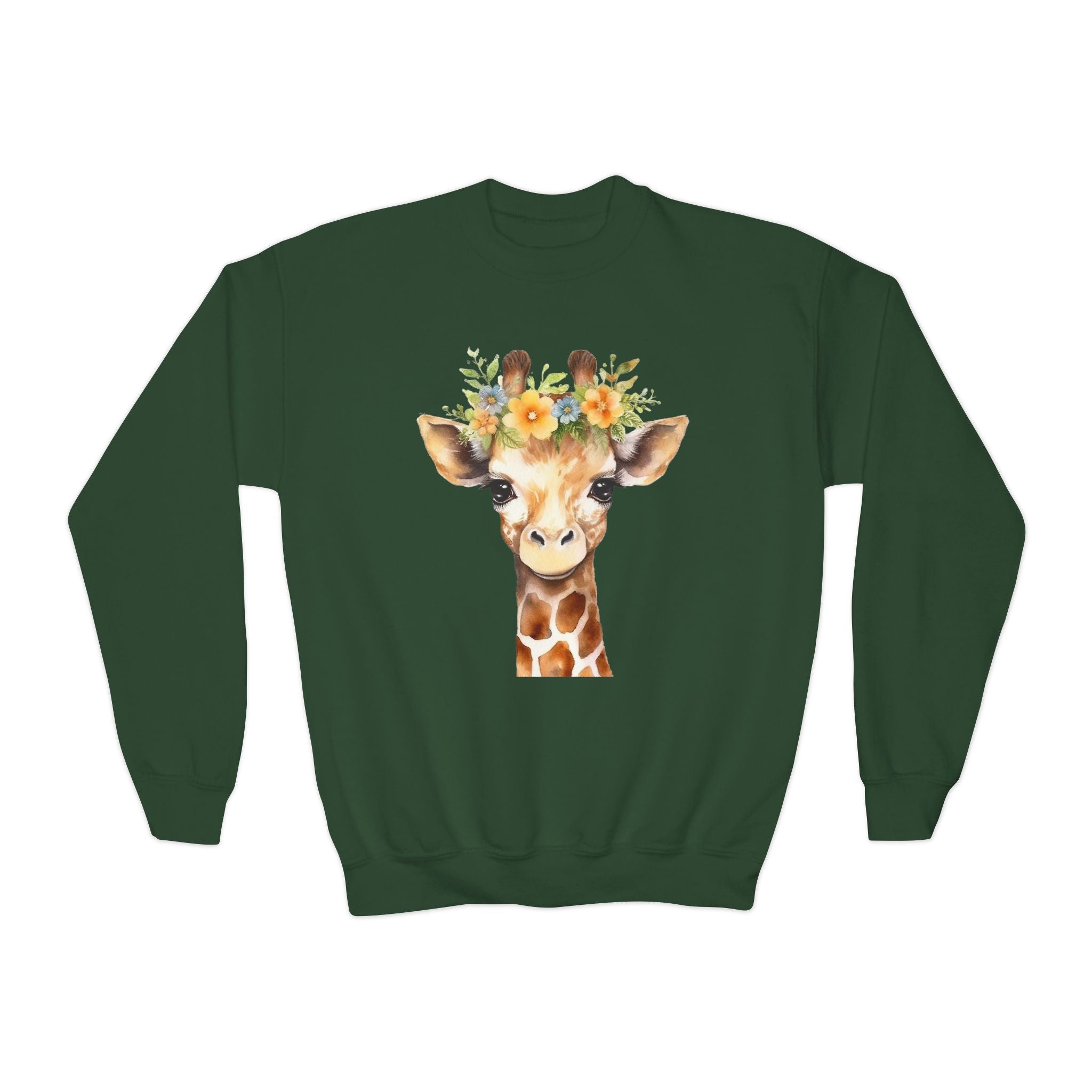 Dark green kids sweatshirt with long sleeves featuring a watercolor giraffe illustration wearing a floral crown