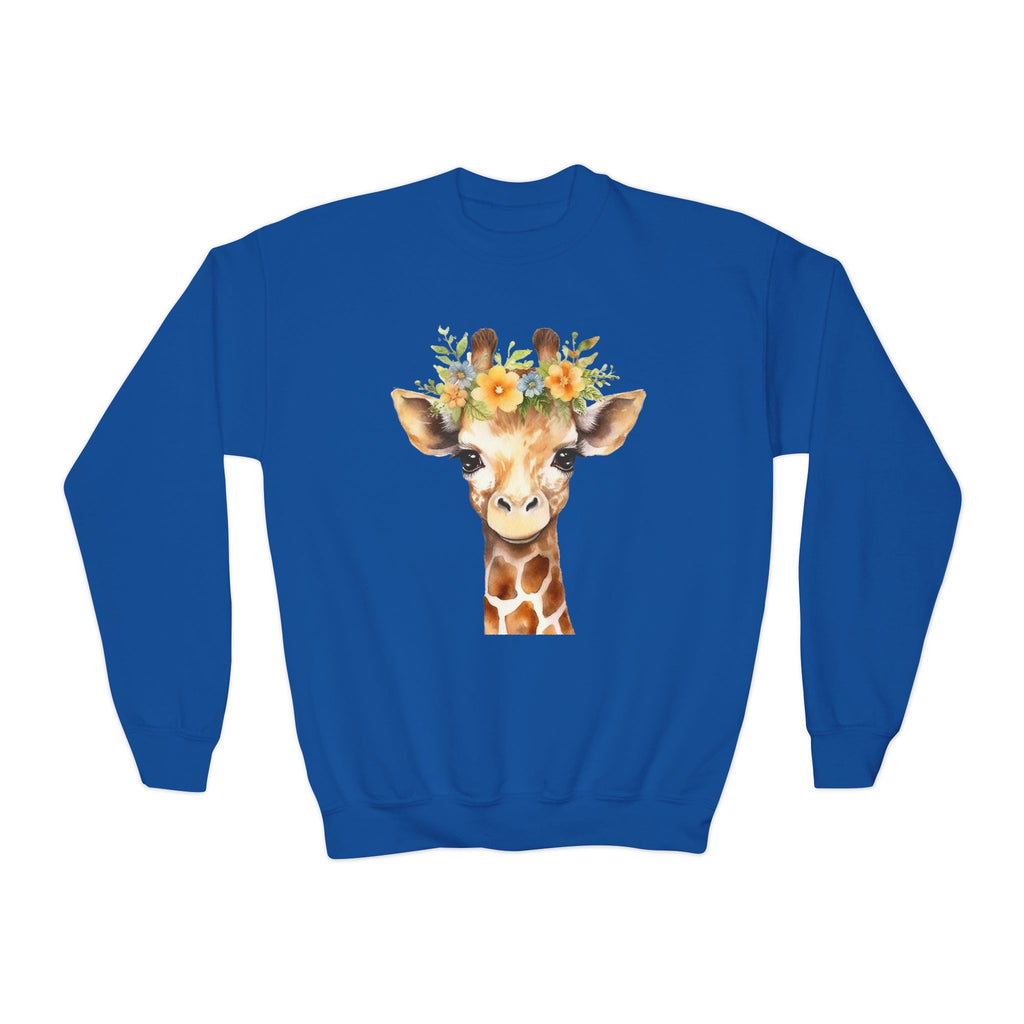 Blue long-sleeved kids sweatshirt with watercolor giraffe and floral crown design perfect for casual wear